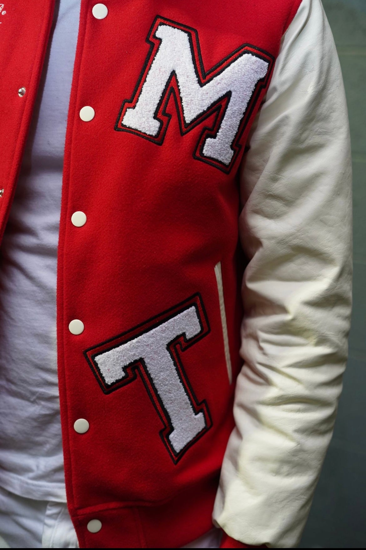 RED LEATHER VARSITY JACKET