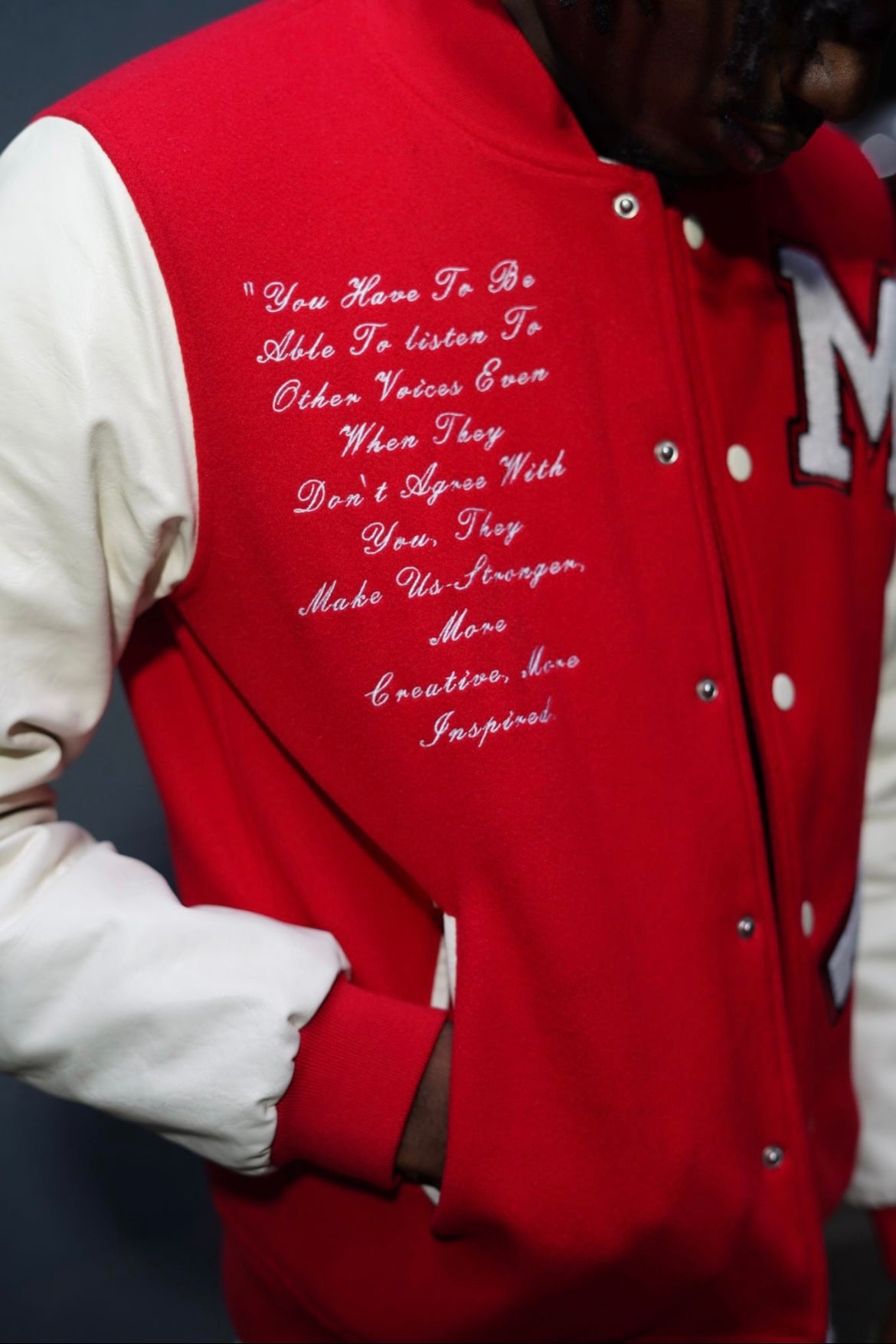 RED LEATHER VARSITY JACKET