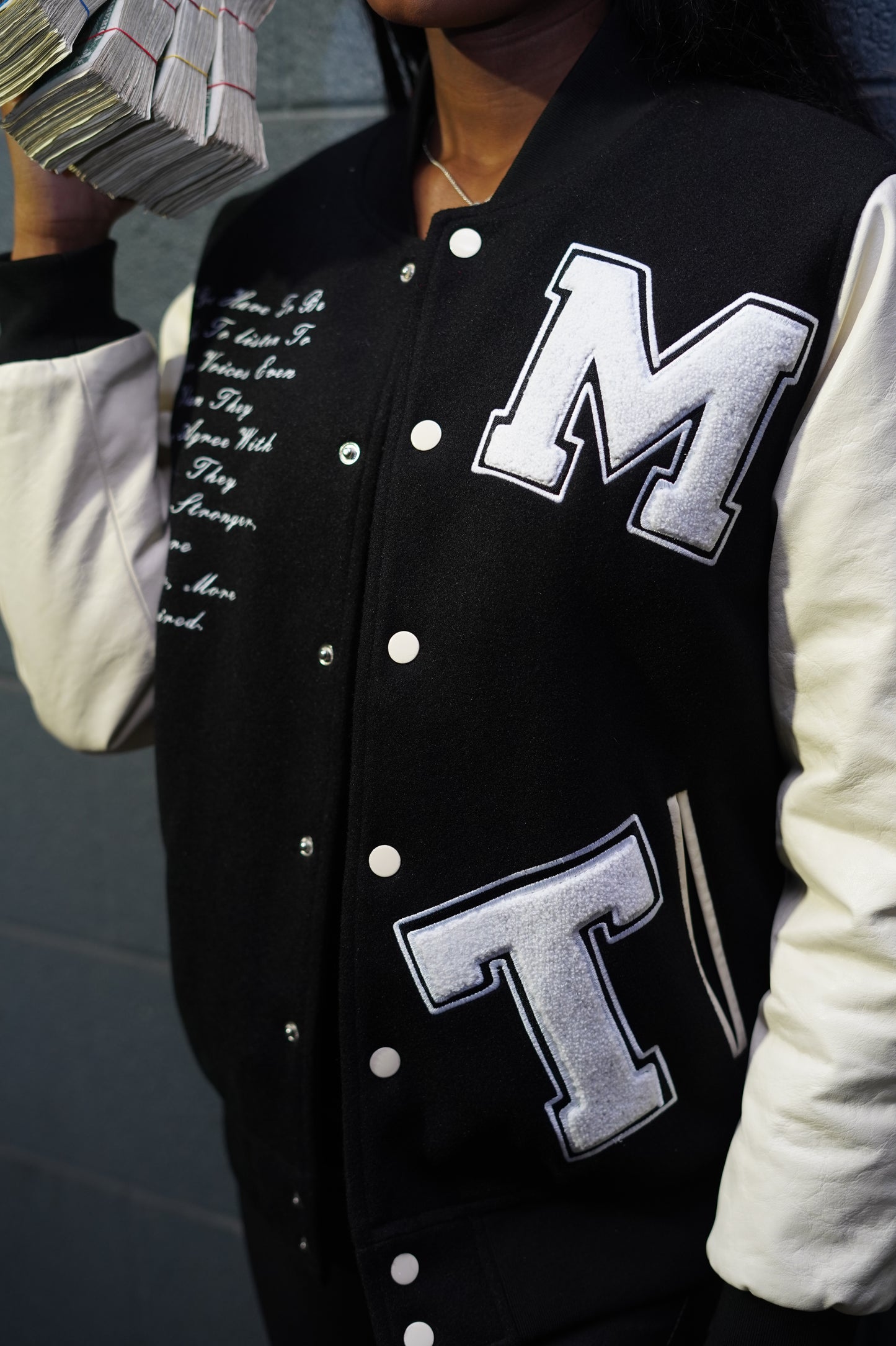 BLACK LEATHER VARSITY JACKET