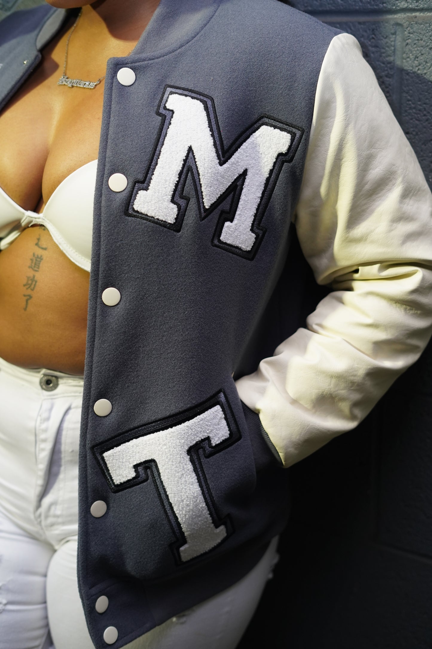 GRAY LEATHER VARSITY JACKET