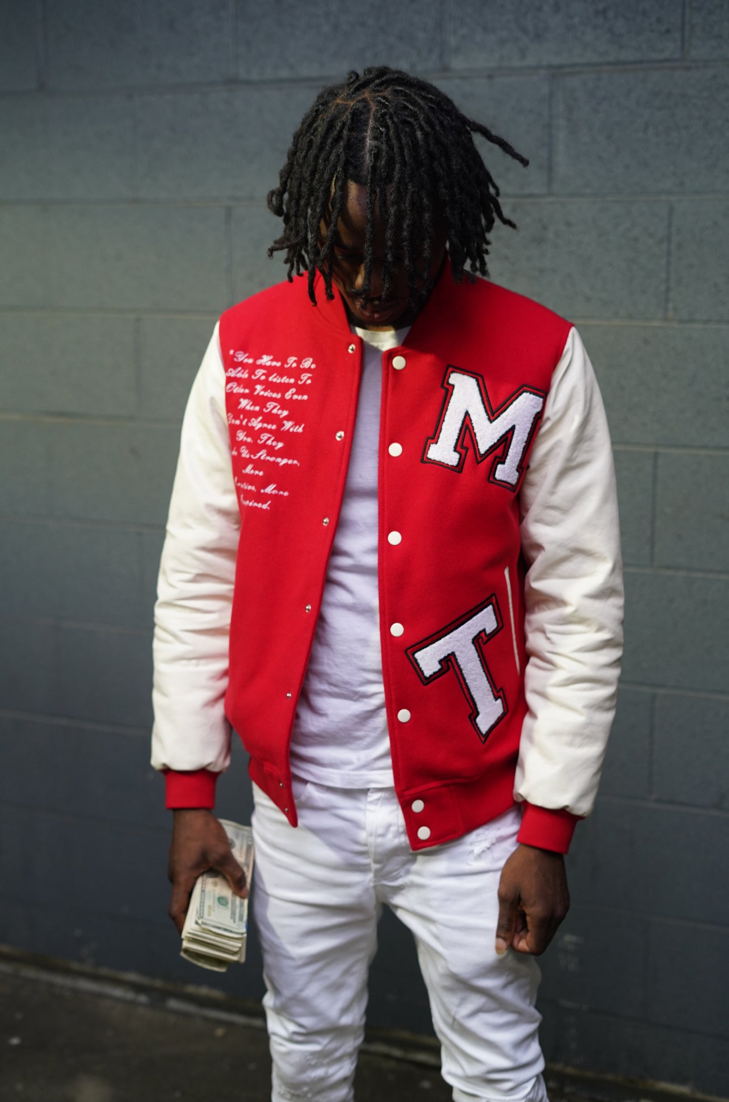 RED LEATHER VARSITY JACKET